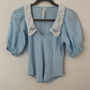 Anthropologie Light Blue Puff Sleeve Top with Embroidered White Collar